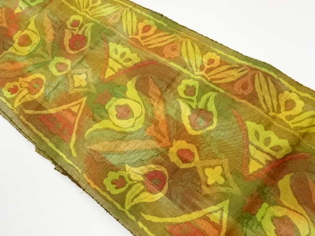 JAPANESE KIMONO / VINTAGE NAGOYA OBI / TSUMUGI / MATELASSE / WOVEN ABSTRACT FLORAL PLANTS